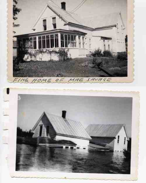 Two black-and-white photos: a house with a porch and a flooded home with a metal roof.