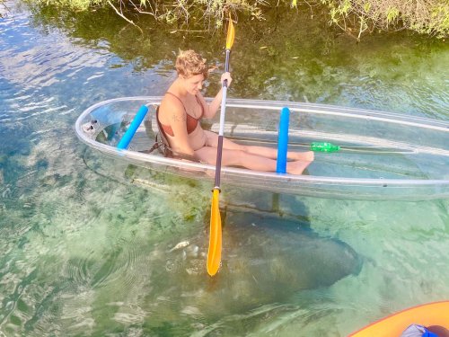 A woman sits in a clear kayak, paddling over shallow water with a manatee visible below.