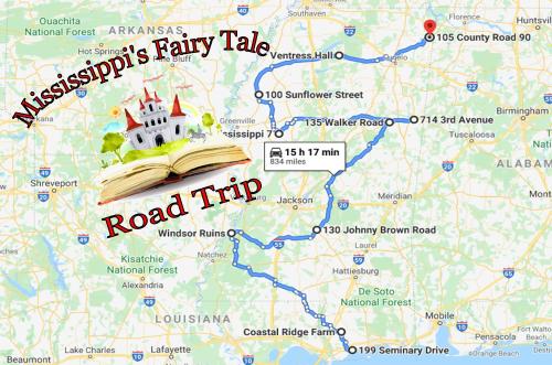 Map of a road trip in Mississippi, featuring a fairy tale theme with a castle and an open book illustration.