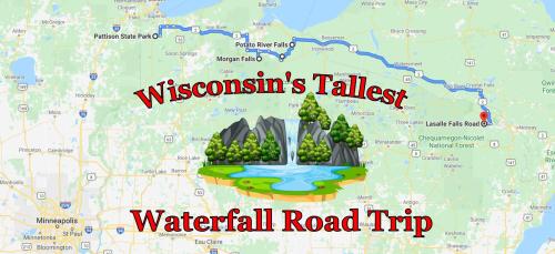 Map highlighting a road trip route to Wisconsin's tallest waterfalls, featuring scenic graphics of a waterfall and trees.