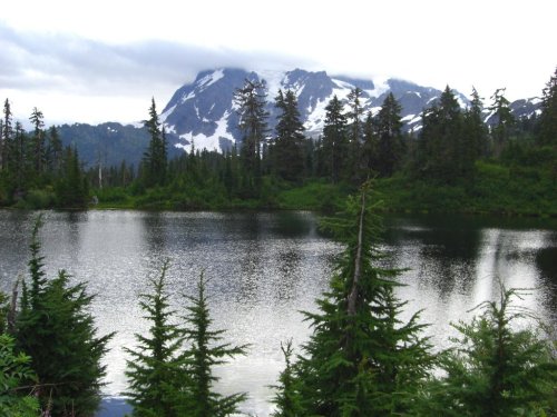 A serene lake surrounded by lush green trees and snow-capped mountains under a cloudy sky.