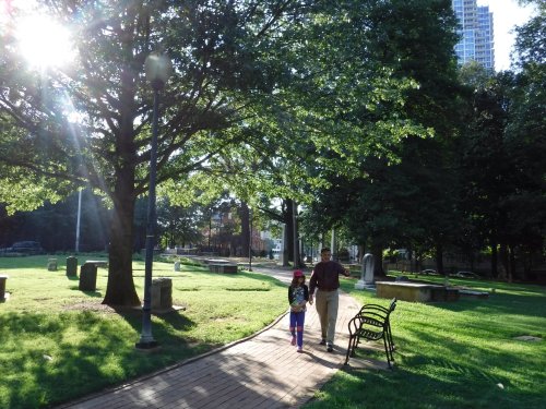 A man and a child walk hand in hand through a sunlit park with trees and benches.