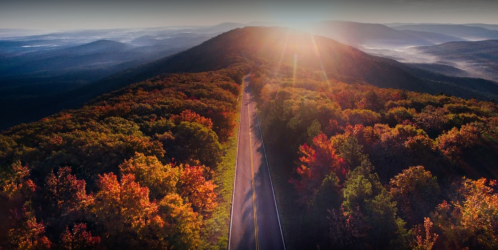 A scenic view of a winding road through vibrant autumn foliage, with mountains and a sunrise in the background.