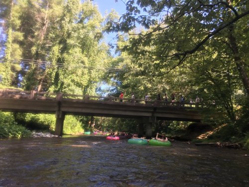 A scenic river with people tubing beneath a wooden bridge, surrounded by lush green trees on a sunny day.