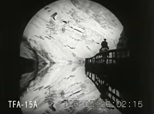 A silhouette of a person on a bridge overlooking a large, reflective, moonlit landscape.