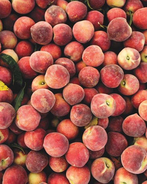 A close-up of a large pile of ripe, fuzzy peaches with a mix of red and yellow hues.