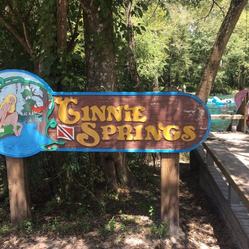 Sign for Ginnie Springs surrounded by trees, with a wooden walkway leading to a water area in the background.