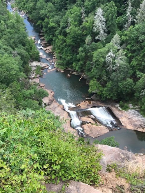 Aerial view of a river with small waterfalls, surrounded by lush green trees and rocky terrain.