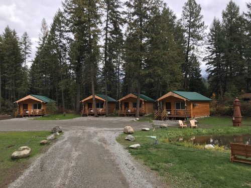 Four wooden cabins with green roofs surrounded by trees, gravel path, and a small pond in a serene outdoor setting.