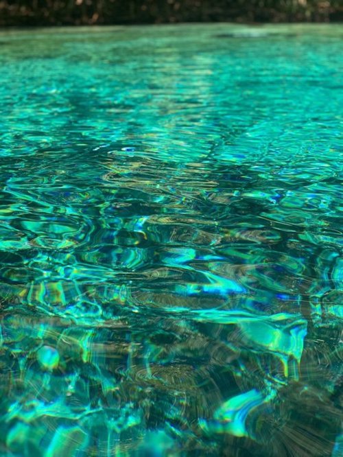 Clear turquoise water with gentle ripples, reflecting light and surrounded by lush greenery.