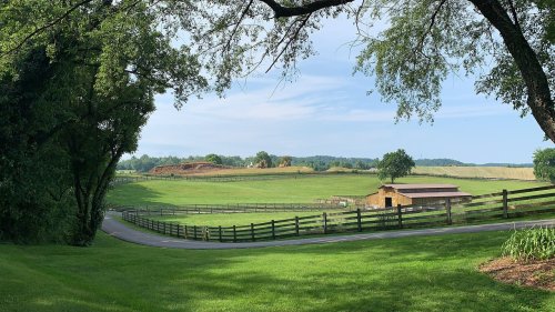 A serene landscape featuring green fields, a winding road, a barn, and trees under a clear sky.