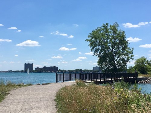 A scenic view of a pier extending into a blue lake, with a tree and buildings in the background under a clear sky.