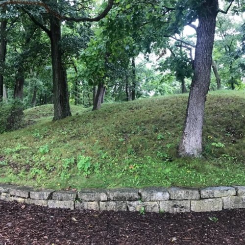 Lush green hillside with trees and a stone wall at the base, surrounded by a natural landscape.