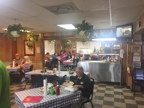 A cozy restaurant interior with checkered tablecloths, diners enjoying meals, and plants hanging from the ceiling.