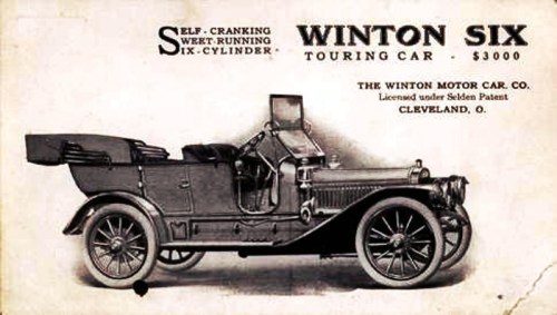 Vintage advertisement for the Winton Six touring car, showcasing a classic automobile with a price of $3000.