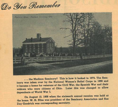 Historic image of Madison Seminary in Ohio, 1873, later used by the National Women's Relief Corps.