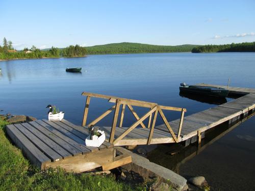 A wooden dock extends over calm water, with two decorative ducks and boats in the background, surrounded by green hills.