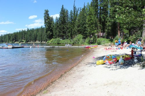 A sunny beach scene with people enjoying the water, boats docked, and trees lining the shore.