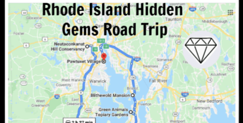 Map highlighting a road trip route in Rhode Island, featuring hidden gems like Pawtuxet Village and Blithewold Mansion.