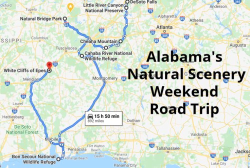Map of Alabama highlighting a weekend road trip route to natural scenic locations, including parks and wildlife refuges.