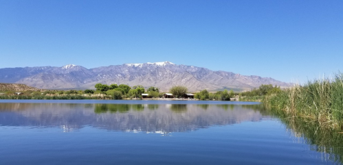 A serene lake reflects snow-capped mountains under a clear blue sky, surrounded by lush greenery.