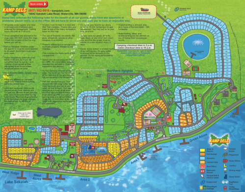 Map of Kamp Dels, showing camping areas, amenities, and layout near Lake Sakatah in Minnesota.