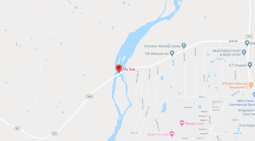 Map showing a location marked as "The Sab" near a lake, with nearby roads and businesses labeled.