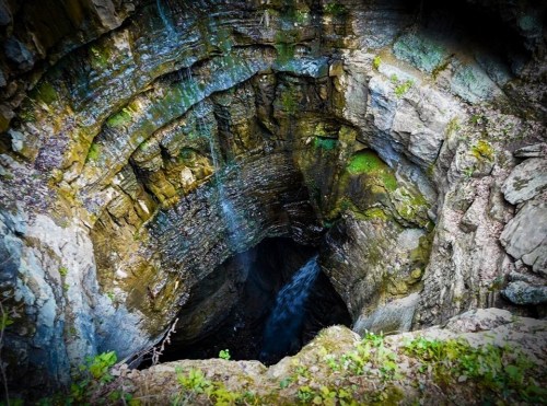A deep, rocky sinkhole with moss-covered walls and a small stream of water at the bottom.