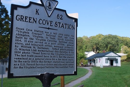 Historical marker for Green Cove Station, detailing its history and significance in Virginia's railroad and photography heritage.