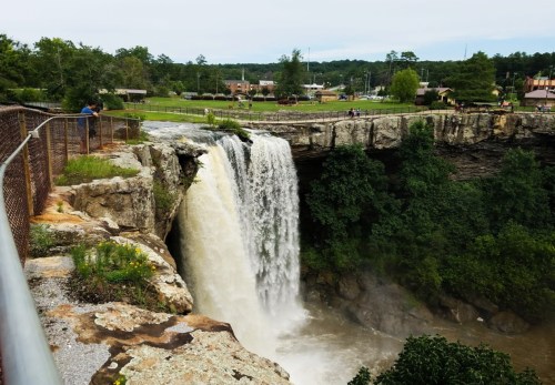 A waterfall cascades over a rocky ledge, surrounded by greenery and a viewing area with visitors in the background.