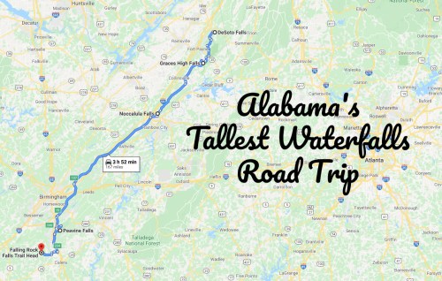 Map showing a road trip route to Alabama's tallest waterfalls, including Falling Rock Falls and Peavine Falls.