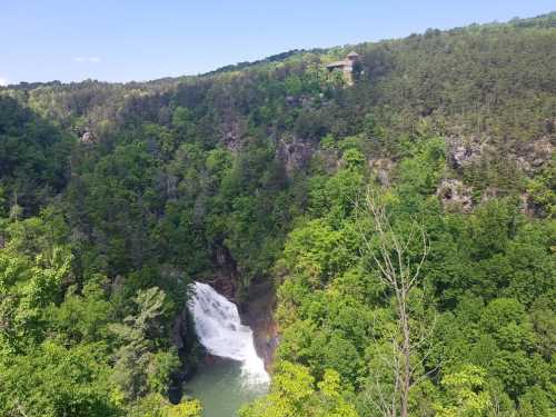 A scenic view of a waterfall surrounded by lush green trees and a distant building on a hillside.