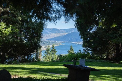 A scenic view of a lake surrounded by mountains, framed by lush green trees and a grassy foreground.