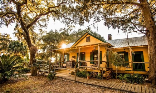 A charming yellow cottage surrounded by trees, with sunlight filtering through the leaves and a wooden walkway leading to the entrance.