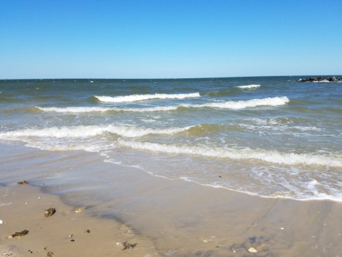 Waves gently lap at a sandy beach under a clear blue sky, with a distant horizon line.