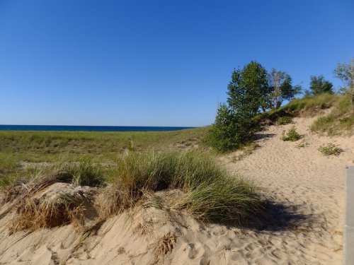 A sandy path leads through grass to a calm blue ocean under a clear blue sky.