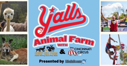 A collage featuring animals, circus performers, and event details for Y'all's Animal Farm with Honey Hill Farm and Cincinnati Circus.
