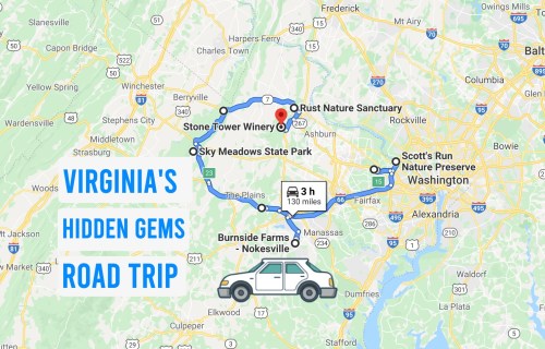 Map of Virginia's Hidden Gems Road Trip, highlighting stops like Rust Nature Sanctuary and Stone Tower Winery.