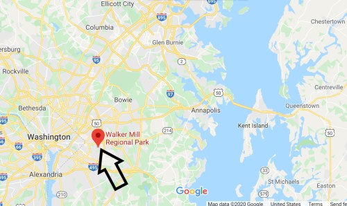 Map showing the location of Walker Mill Regional Park near Washington, D.C., with nearby cities and waterways.