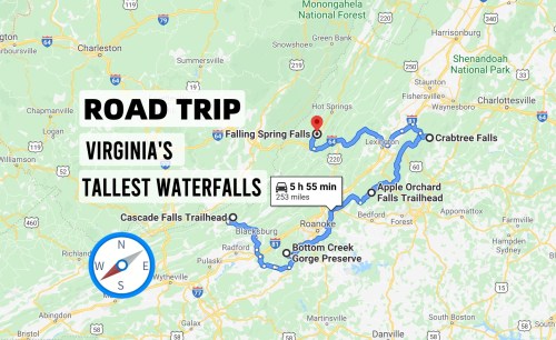 Map showing a road trip route to Virginia's tallest waterfalls, including key stops and travel time.