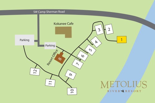 Map of Metolius River Resort showing parking, resort office, and numbered cabins along the river.