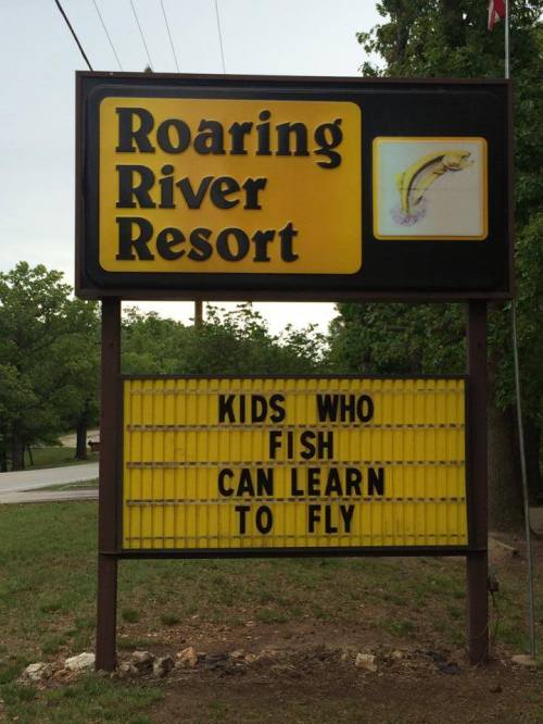 Sign at Roaring River Resort reads: "Kids who fish can learn to fly." Surrounded by trees and a road.