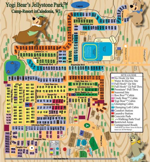 Map of Yogi Bear's Jellystone Park in Caledonia, WI, showing campsite layout, amenities, and site numbers.