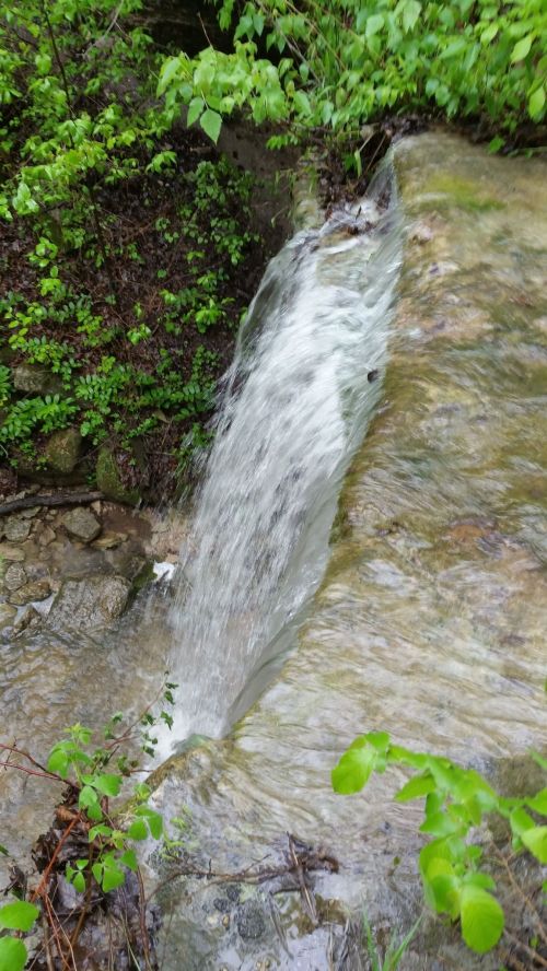A small waterfall cascading over rocky terrain, surrounded by lush green foliage.