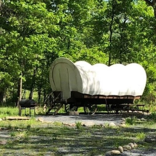 A white covered wagon on wheels, set in a green forested area with a grill and picnic table nearby.