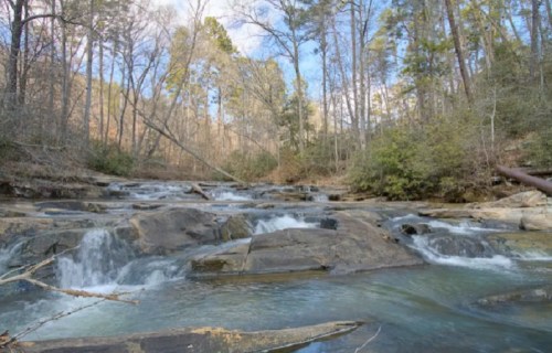 A serene river flows over rocky terrain, surrounded by trees and a clear blue sky.