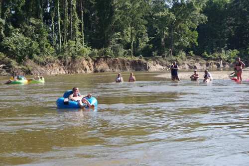 People floating and swimming in a river surrounded by trees, enjoying a sunny day outdoors.