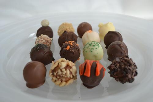 A variety of chocolate truffles arranged on a white plate, featuring different toppings and colors.