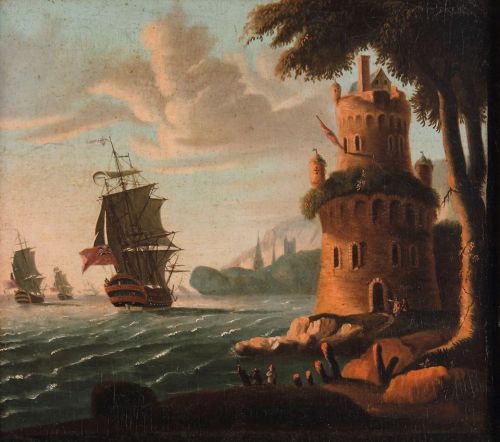 A coastal scene featuring ships sailing near a stone tower surrounded by trees and rocky shores under a cloudy sky.
