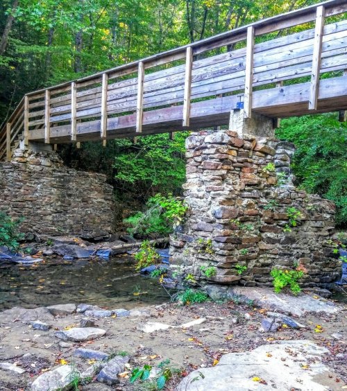 A wooden bridge spans over a rocky stream, supported by stone pillars, surrounded by lush greenery.
